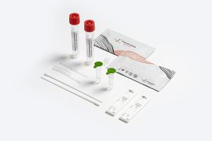 Prognosis Biotech Egg Free Test kit components featuring lateral flow cassettes, prefilled sample tubes, swabs, and pipettes for allergen detection.