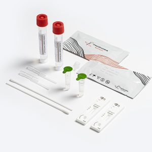 Prognosis Biotech Egg Free Test kit components featuring lateral flow cassettes, prefilled sample tubes, swabs, and pipettes for allergen detection.