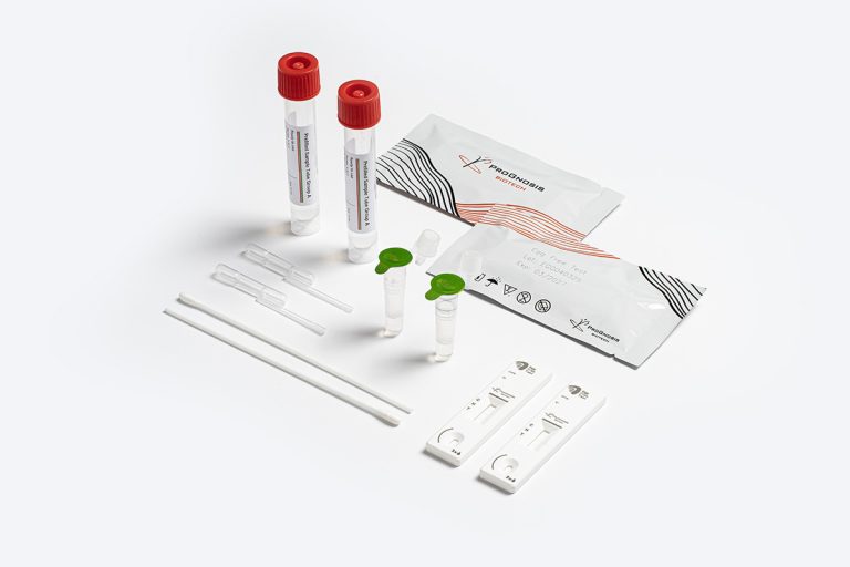 Prognosis Biotech Egg Free Test kit components featuring lateral flow cassettes, prefilled sample tubes, swabs, and pipettes for allergen detection.